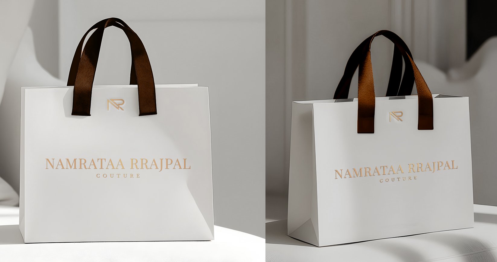 Namrataa Rrajpal Couture carry bag with brown ribbon handles and a gold foil monogram
